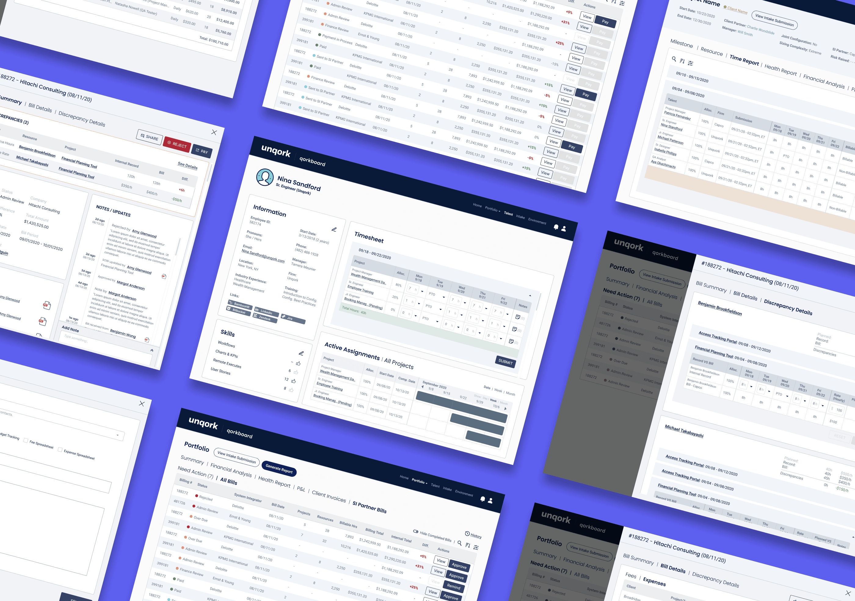 Quork Board timesheet, billing and invoice screens