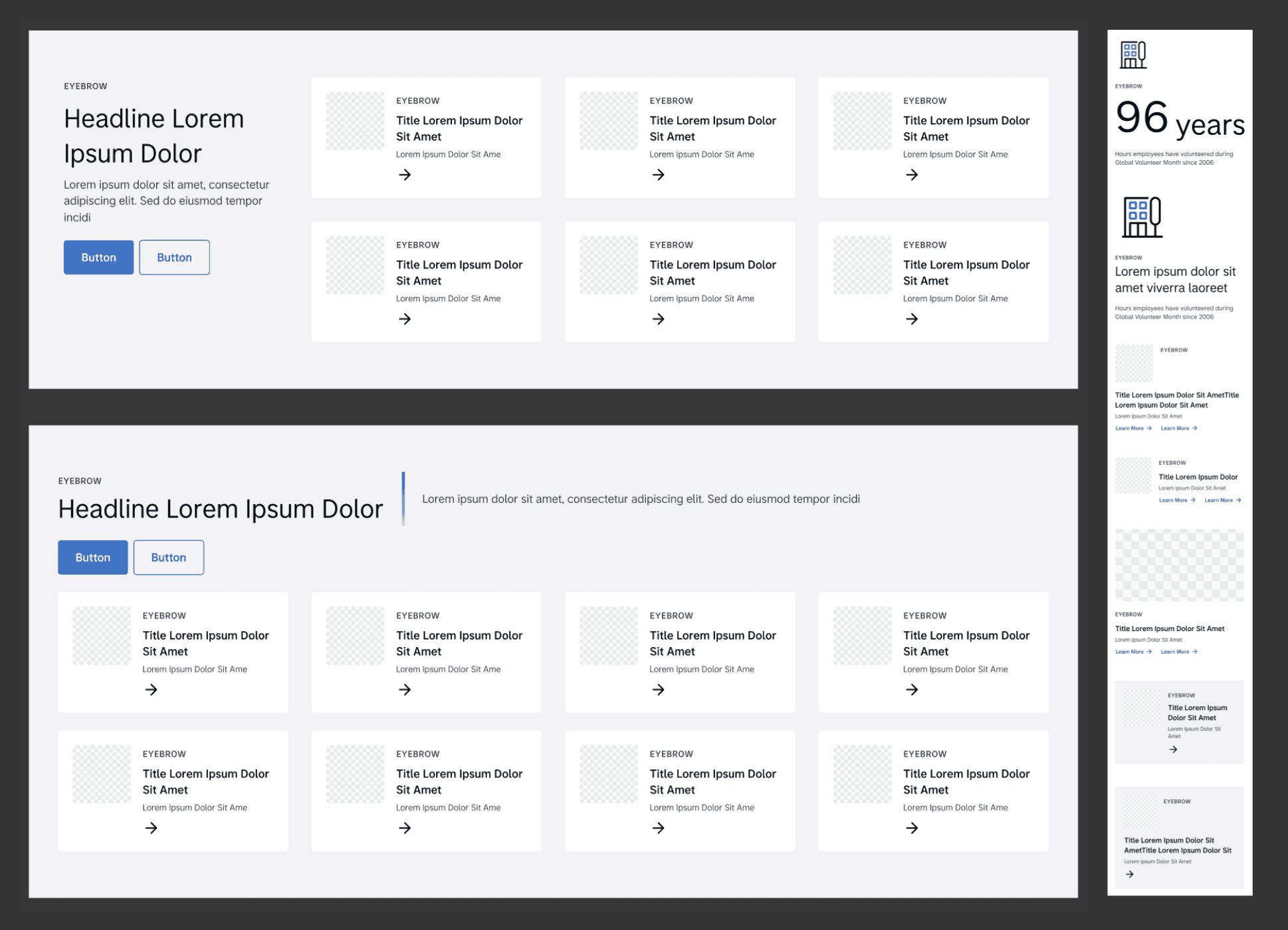 Content Grid after the merge: vertical and horizontal headers with card grid items, and the mobile layout